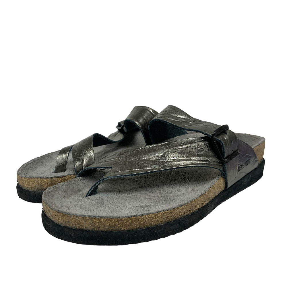 Mephisto Metallic Pewter Thong Sandals with Adjustable Strap